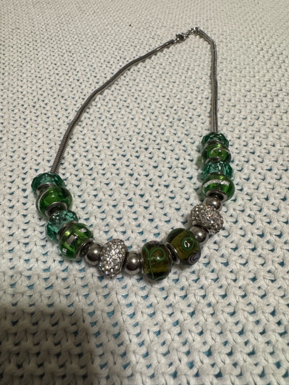 Green Glass Bead Necklace with Pavé Accents -